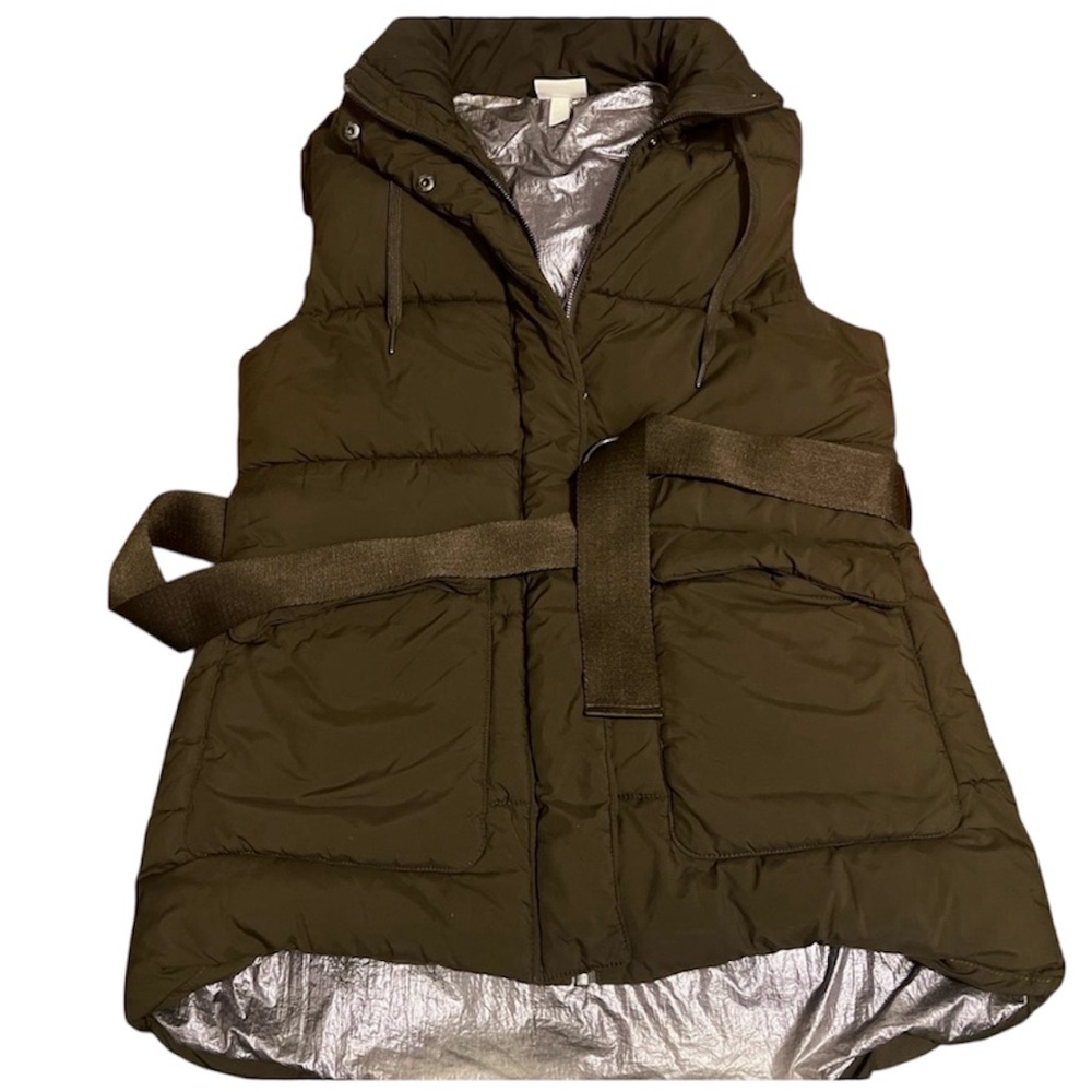 Zella Longline Hooded Zip Up Belted Puffer Vest Olive Green Women’s Sz XXS - Picture 7 of 14